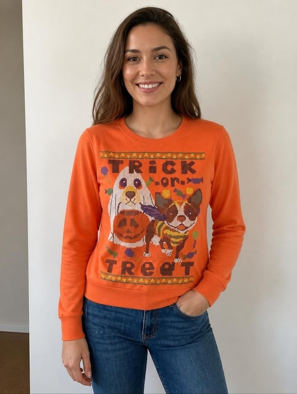 Halloween Dog Trick or Treat Orange Crewneck Sweatshirt Adult Size M